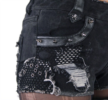 K-127 Edgy Distressed black Denim Shorts with Chains and Studs FALSE - Image 13