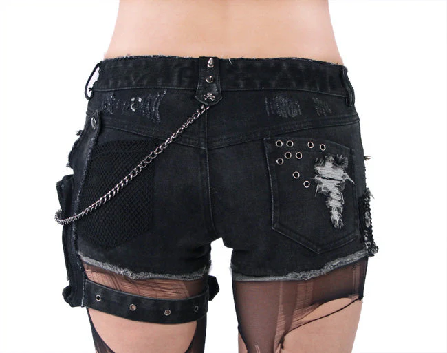K-127 Edgy Distressed black Denim Shorts with Chains and Studs FALSE - Image 3