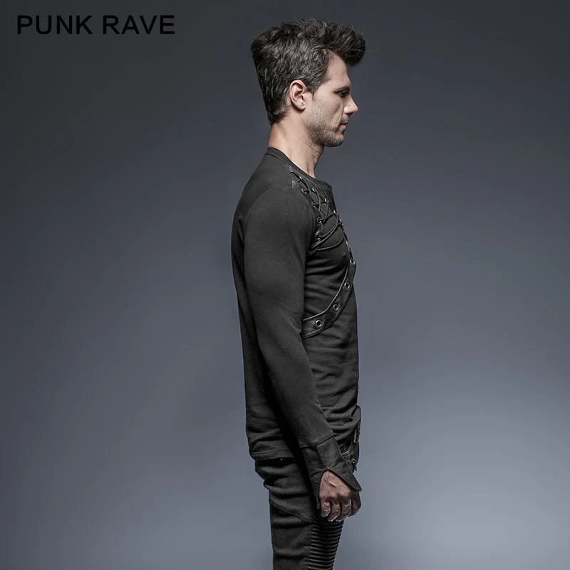 T-423 Lacing Shoulder Leather Belts Long Sleeve Punk Shirts - Image 3