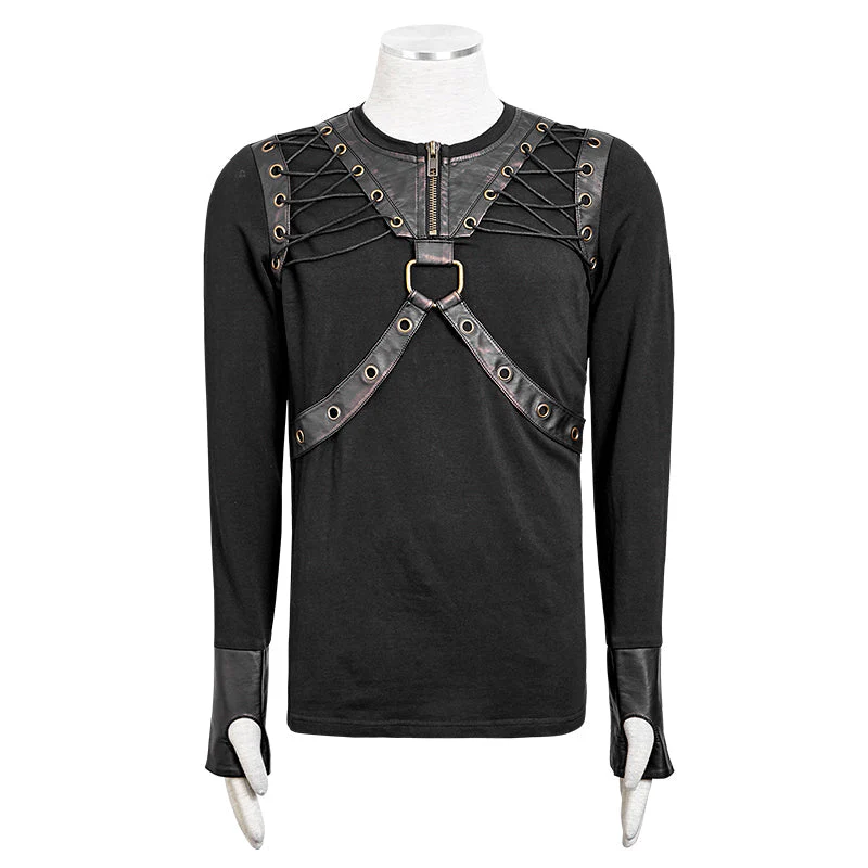 T-423 Lacing Shoulder Leather Belts Long Sleeve Punk Shirts - Image 4