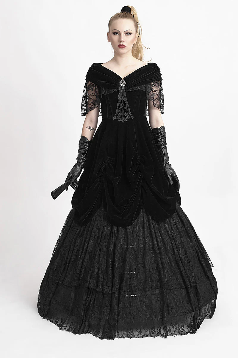 Q-273 Lolita Style Off Shoulder Velvet Lace Up Corset Gothic Dresses - Image 6