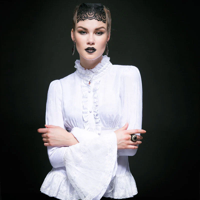 Y-544 Long Flared Sleeve Slim Fit Lace Gothic Shirt With High Neck - Image 3