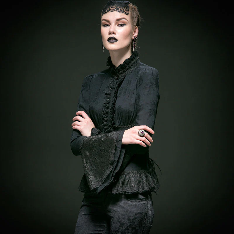Y-544 Long Flared Sleeve Slim Fit Lace Gothic Shirt With High Neck - Image 6