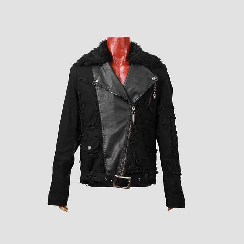 Y-486 Long Leather Punk Coat With The Warm black Fur Collar For Men - Image 3
