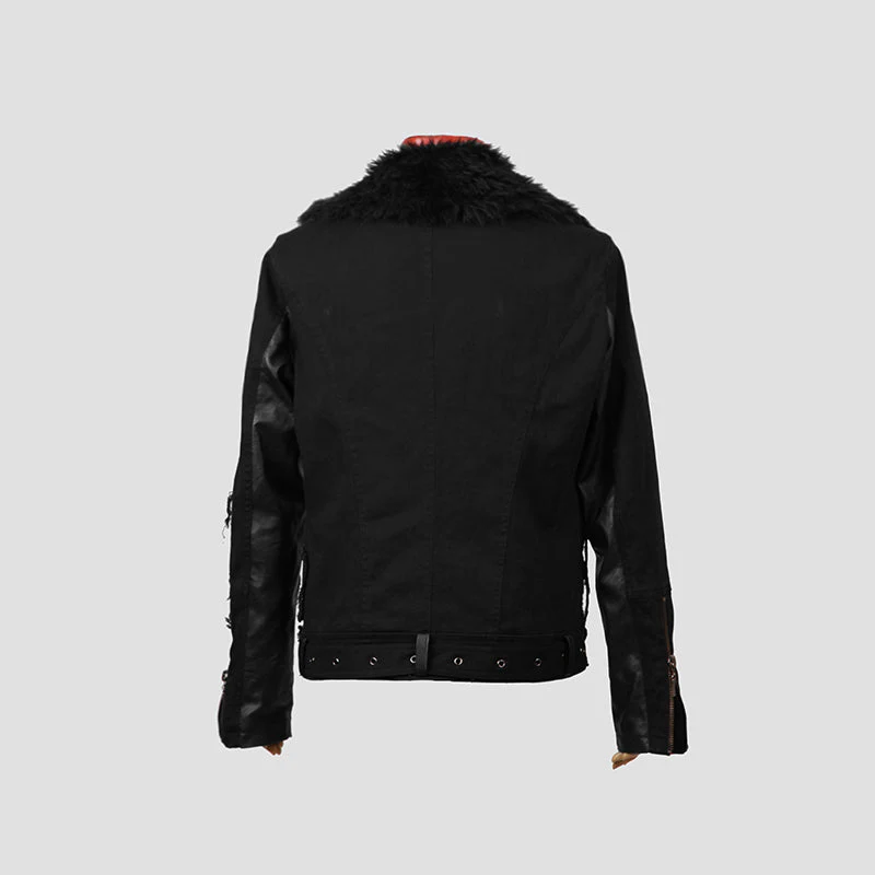 Y-486 Long Leather Punk Coat With The Warm black Fur Collar For Men - Image 4