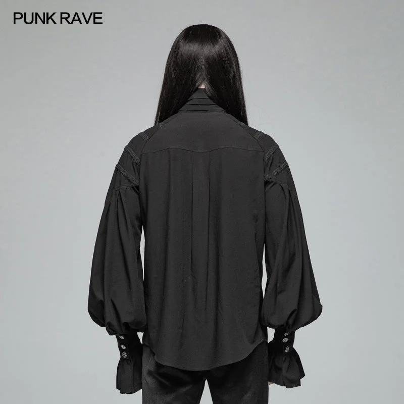 WY-991 Men Dark Victorian Standing Collar Loose Ruffle Long Sleeve Shirt - Image 3