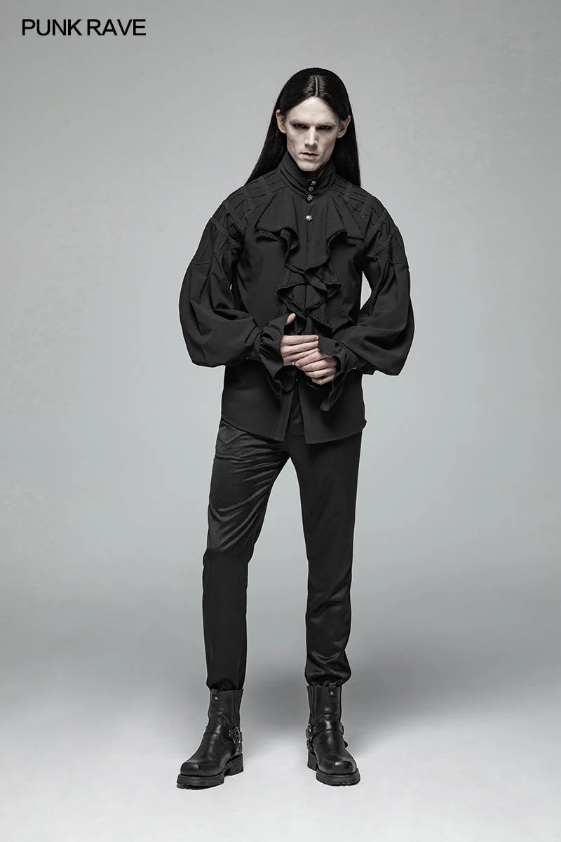 WY-991 Men Dark Victorian Standing Collar Loose Ruffle Long Sleeve Shirt - Image 6