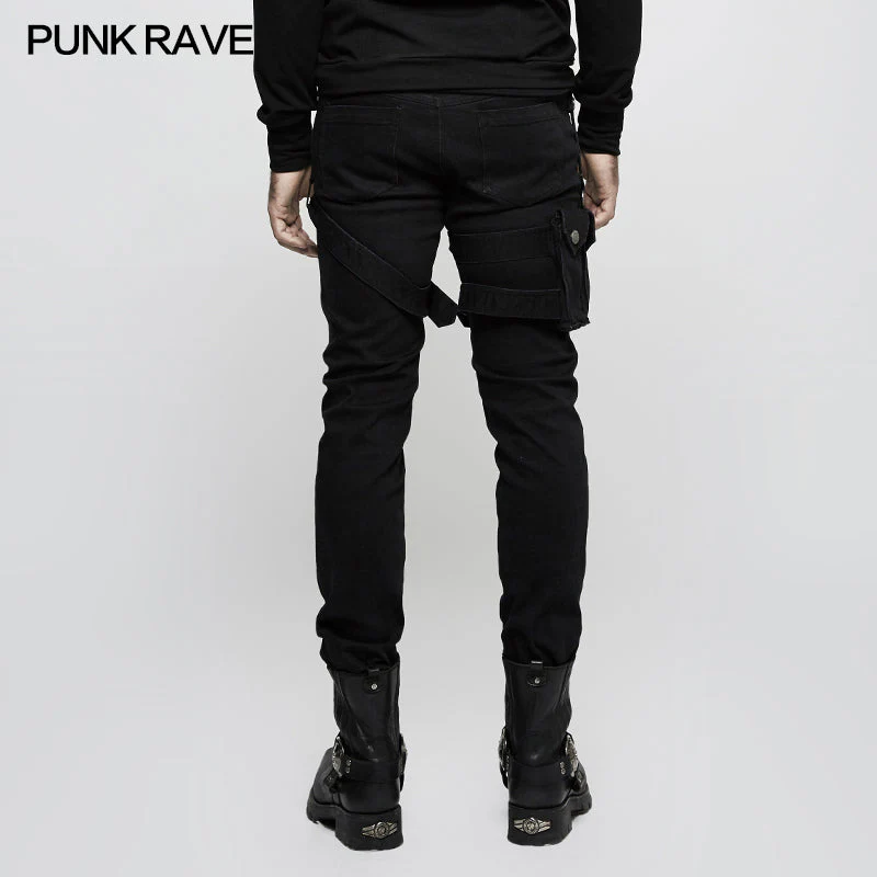 K-295 Men Elastic Denim Punk Pants With Detachable Pocket - Image 2