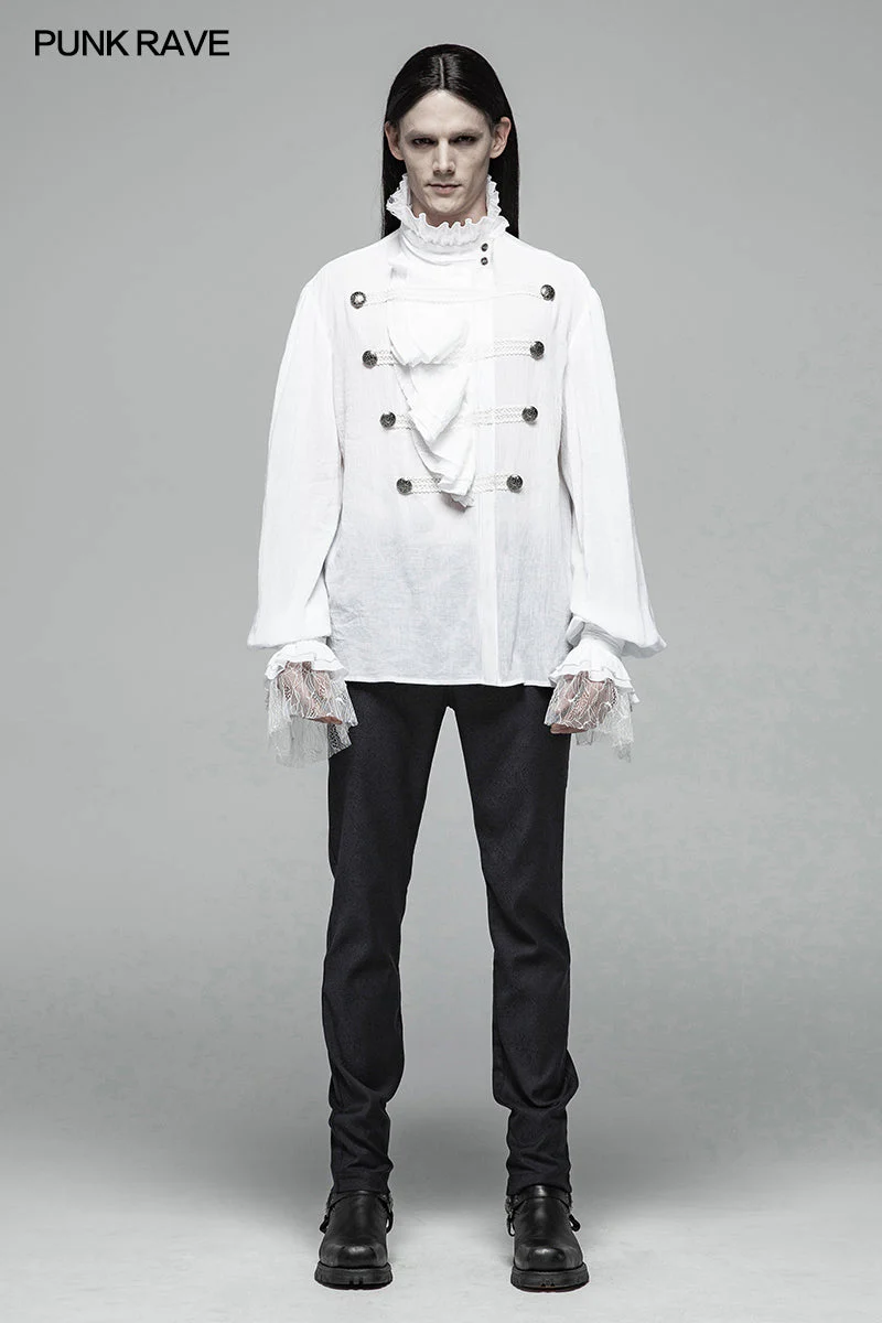 WY-1031 Men Gothic Partial Placket Lotus Leaf Loose Shirt With Standing Collar - Image 7