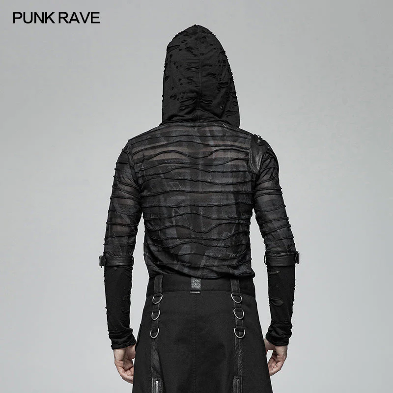 WT-559 Men Punk Dark Printing Long Sleeves Hooded T-shirt - Image 3