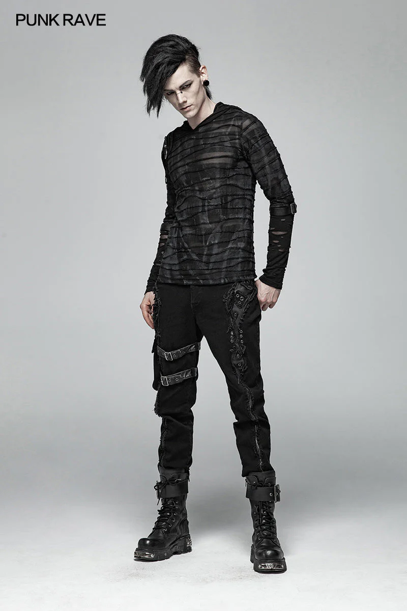 WT-559 Men Punk Dark Printing Long Sleeves Hooded T-shirt - Image 6