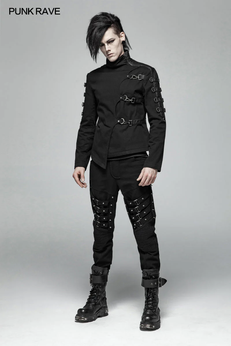 WY-1017 Men Punk Non-stretchy Asymmetric Short Coat - Image 6