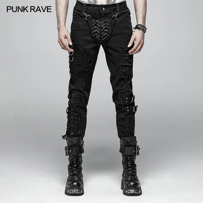 WK-368 Men Punk Vintage Trousers With Detachable Personality Cover