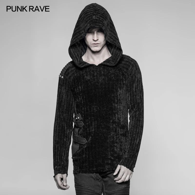 WM-046 Mens Dark Punk Knitting Hoodies Personality Mosaic Hooded Sweater Top