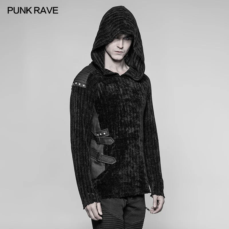 WM-046 Mens Dark Punk Knitting Hoodies Personality Mosaic Hooded Sweater Top - Image 2