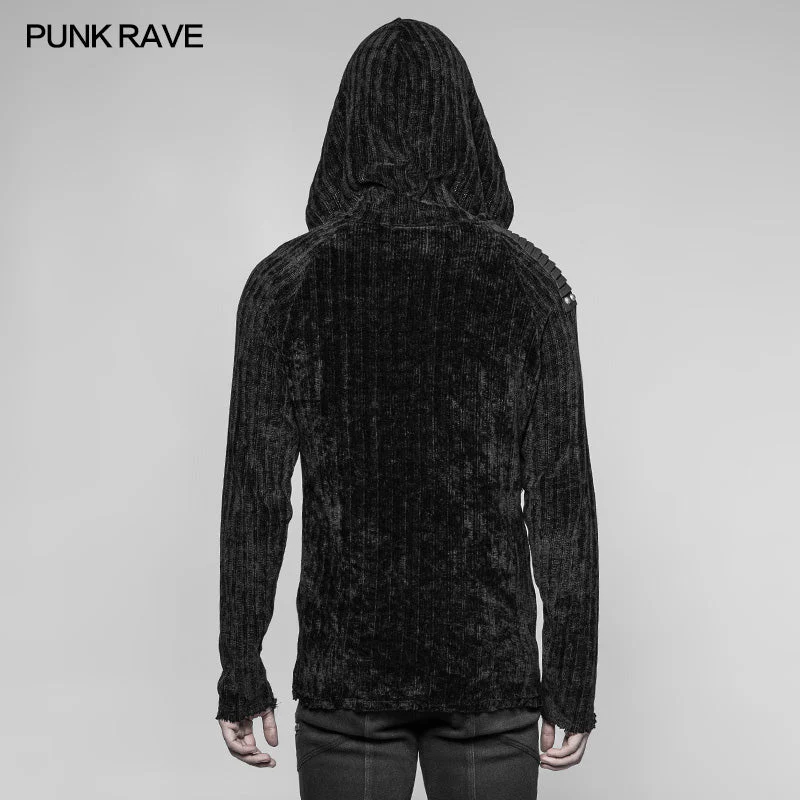 WM-046 Mens Dark Punk Knitting Hoodies Personality Mosaic Hooded Sweater Top - Image 3