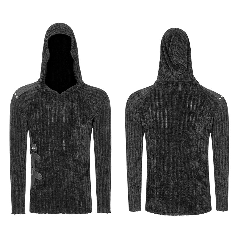 WM-046 Mens Dark Punk Knitting Hoodies Personality Mosaic Hooded Sweater Top - Image 4