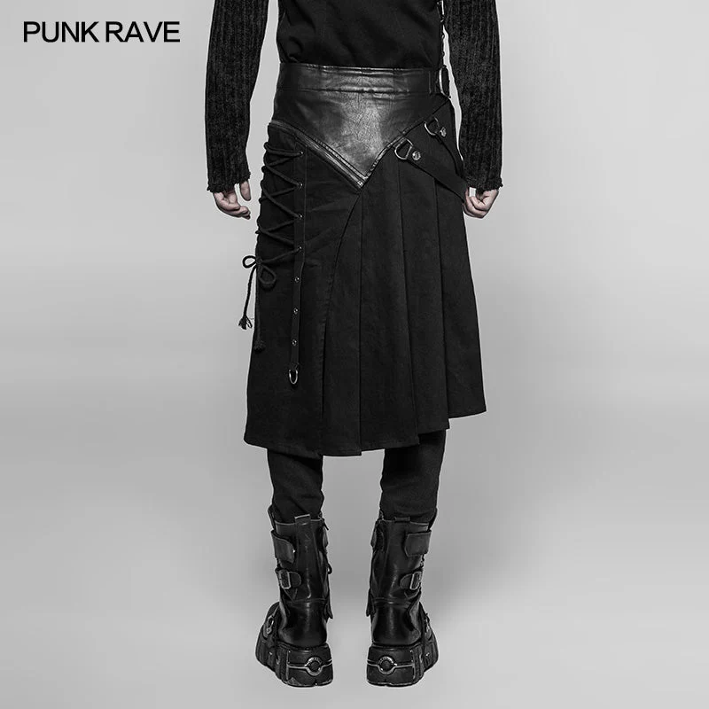 WQ-372 Mens Dark Punk Leather Splicing Personality Pleated Skirt - Image 3