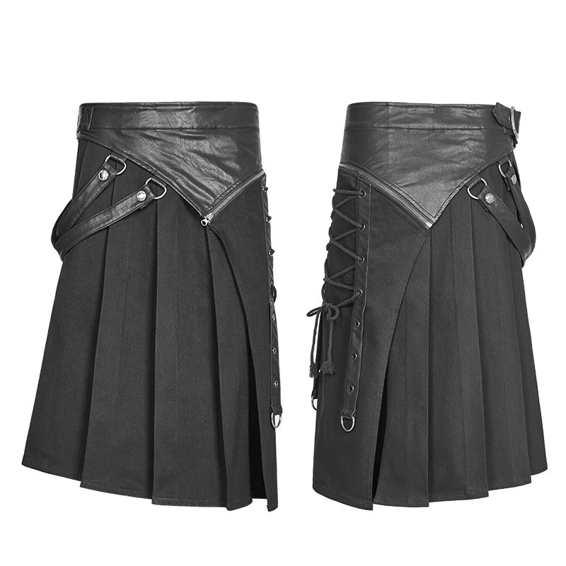 WQ-372 Mens Dark Punk Leather Splicing Personality Pleated Skirt - Image 4