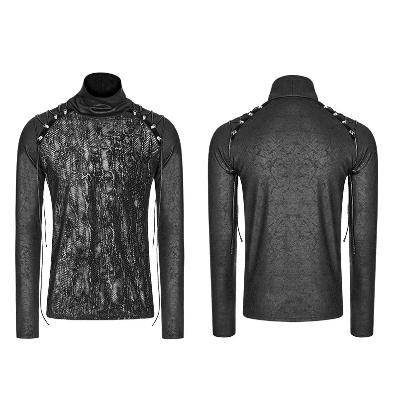 WT-531 Mens Diablo Punk Crack Printing Mesh Splicing T-Shirt With Half High Collar - Image 4