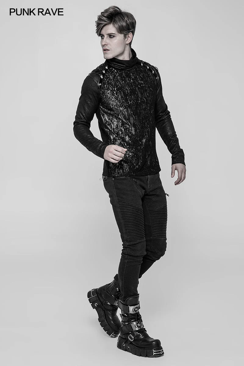 WT-531 Mens Diablo Punk Crack Printing Mesh Splicing T-Shirt With Half High Collar - Image 6