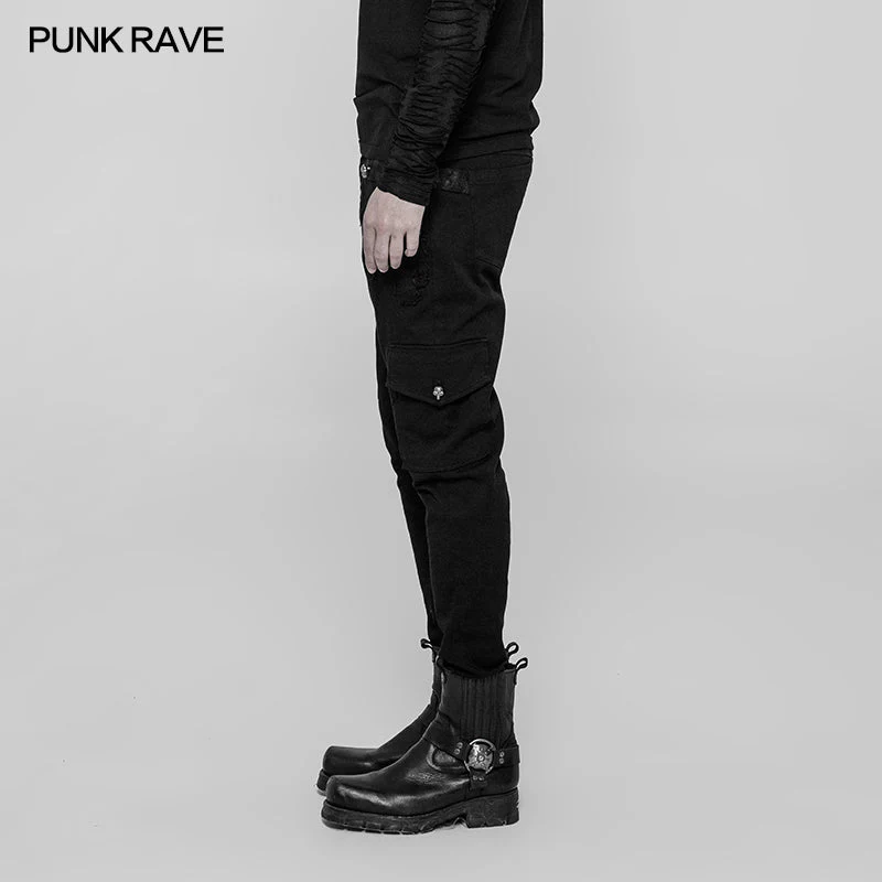 WK-335 Mens Double Pocket Heavy Metal Punk Pants Floral Woven Waist Head Trousers - Image 2