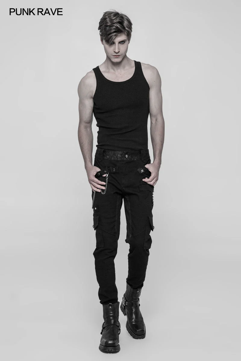 WK-335 Mens Double Pocket Heavy Metal Punk Pants Floral Woven Waist Head Trousers - Image 6