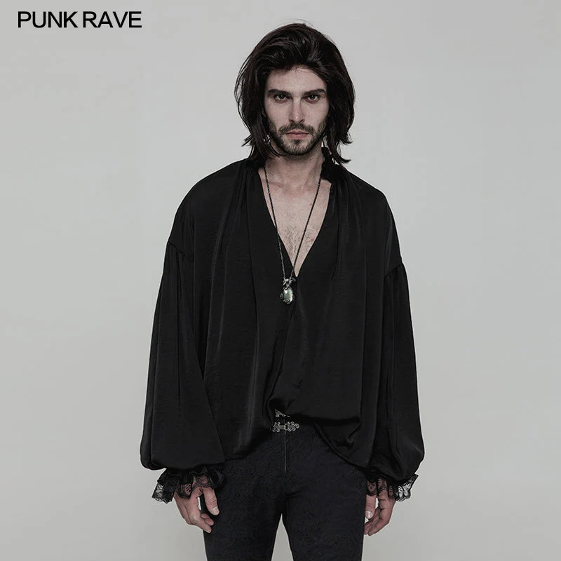 WY-852 Mens Vintage Loose Soft Comfort Gothic Shirt With Large Neckline And Lace Cuff