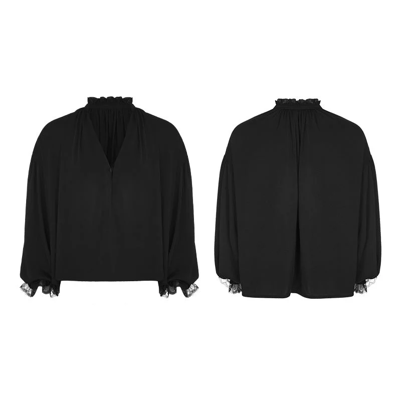 WY-852 Mens Vintage Loose Soft Comfort Gothic Shirt With Large Neckline And Lace Cuff - Image 3