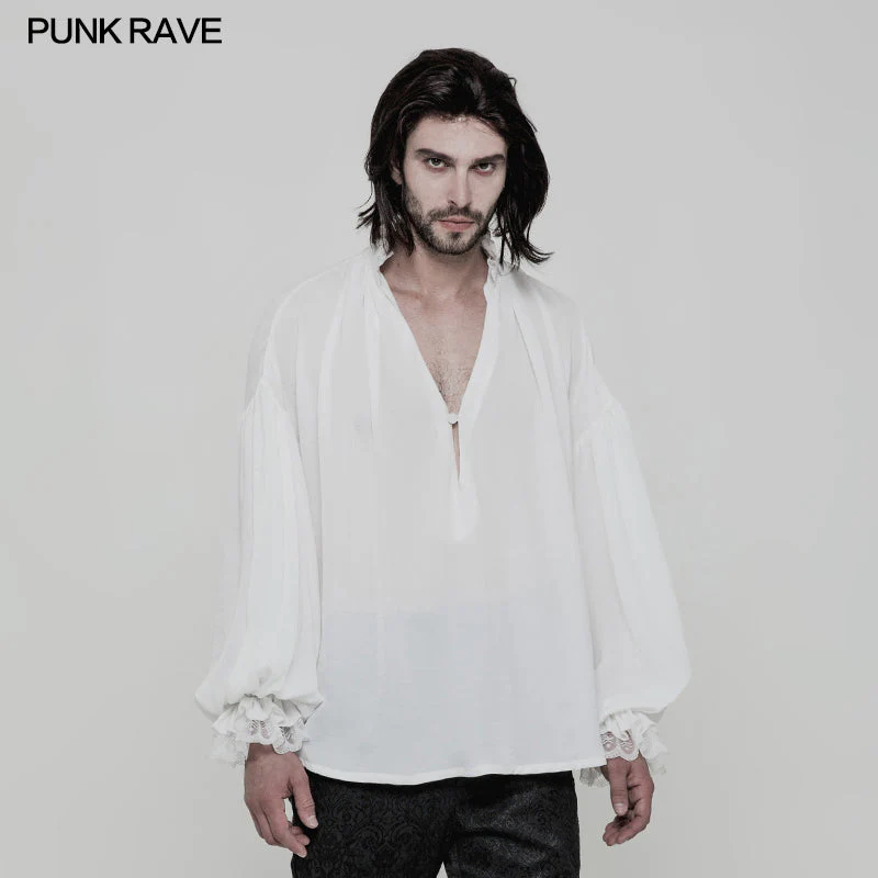 WY-852 Mens Vintage Loose Soft Comfort Gothic Shirt With Large Neckline And Lace Cuff - Image 4
