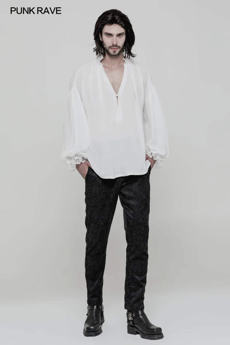 WY-852 Mens Vintage Loose Soft Comfort Gothic Shirt With Large Neckline And Lace Cuff - Image 6