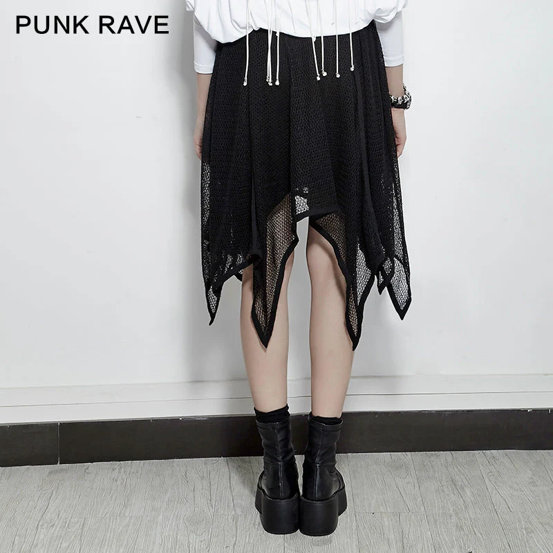 PQ-149 Mesh Mature Silk Midi Gothic Skirt With Irregular Hem - Image 3