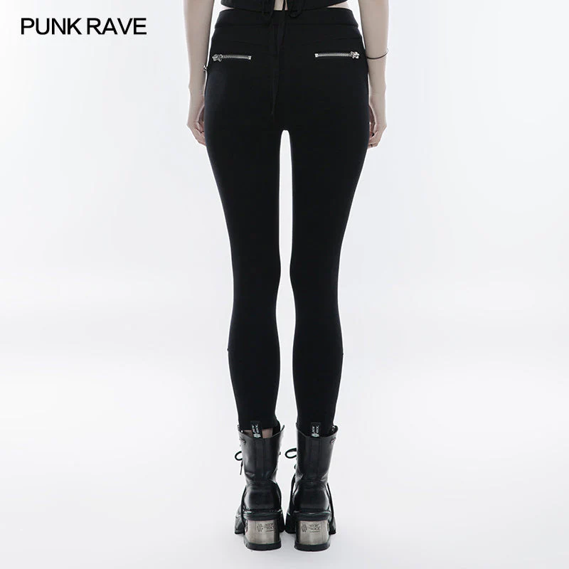 OPK-137 Metal Zipper Ankle-length Punk Pants Soft Stretch Leggings - Image 3