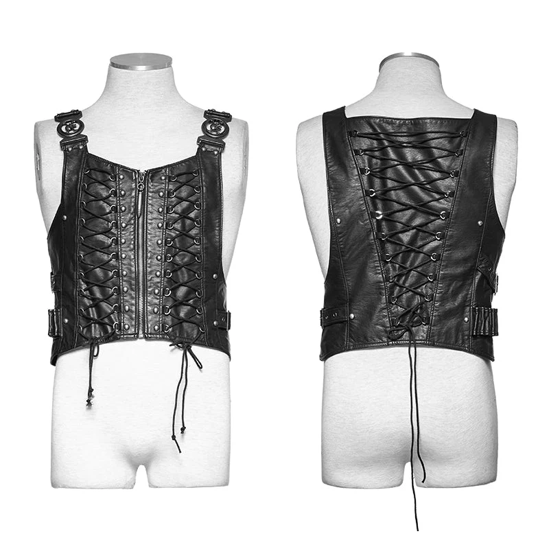 Y-725 Military Leather Punk Vest With black Interlocks - Image 4