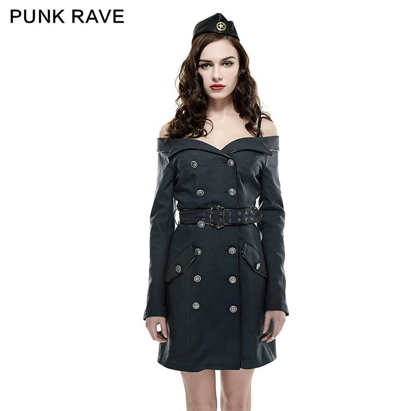 Q-282 Military Off Shoulder Double-breasted Tunic Coat Punk Dress