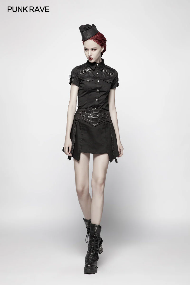 WY-954 Military Short Sleeve Shirt With PU Loop And Metal Adjustment Buckle Blouse - Image 6