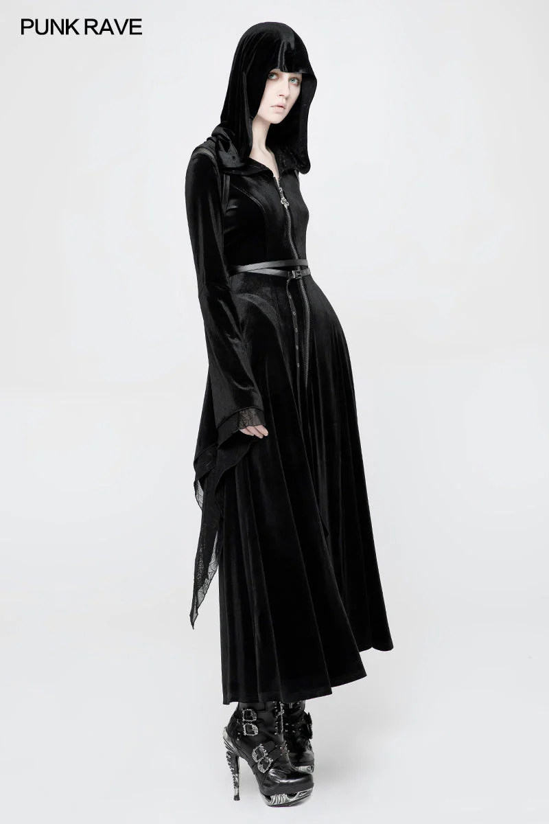 WY-899 Mysterious Velvet Hooded Gothic Coat With Independent Waist Loops - Image 6