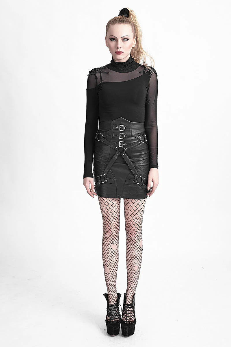 Q-270 New Fashion Lady Bandage High Waisted Leather Punk Skirt - Image 6