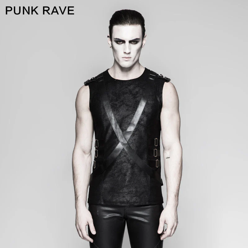 T-464 New Military Leather Straps Sleeveless Men Punk Vest
