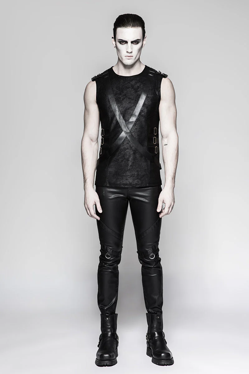 T-464 New Military Leather Straps Sleeveless Men Punk Vest - Image 6