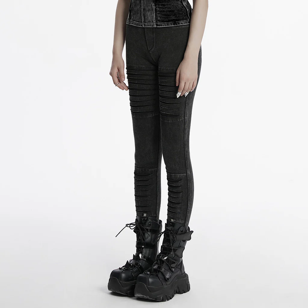 OK-686NCF Gothic Moto Style Ribbed Punk Pants for Edgy Fashion - Image 3