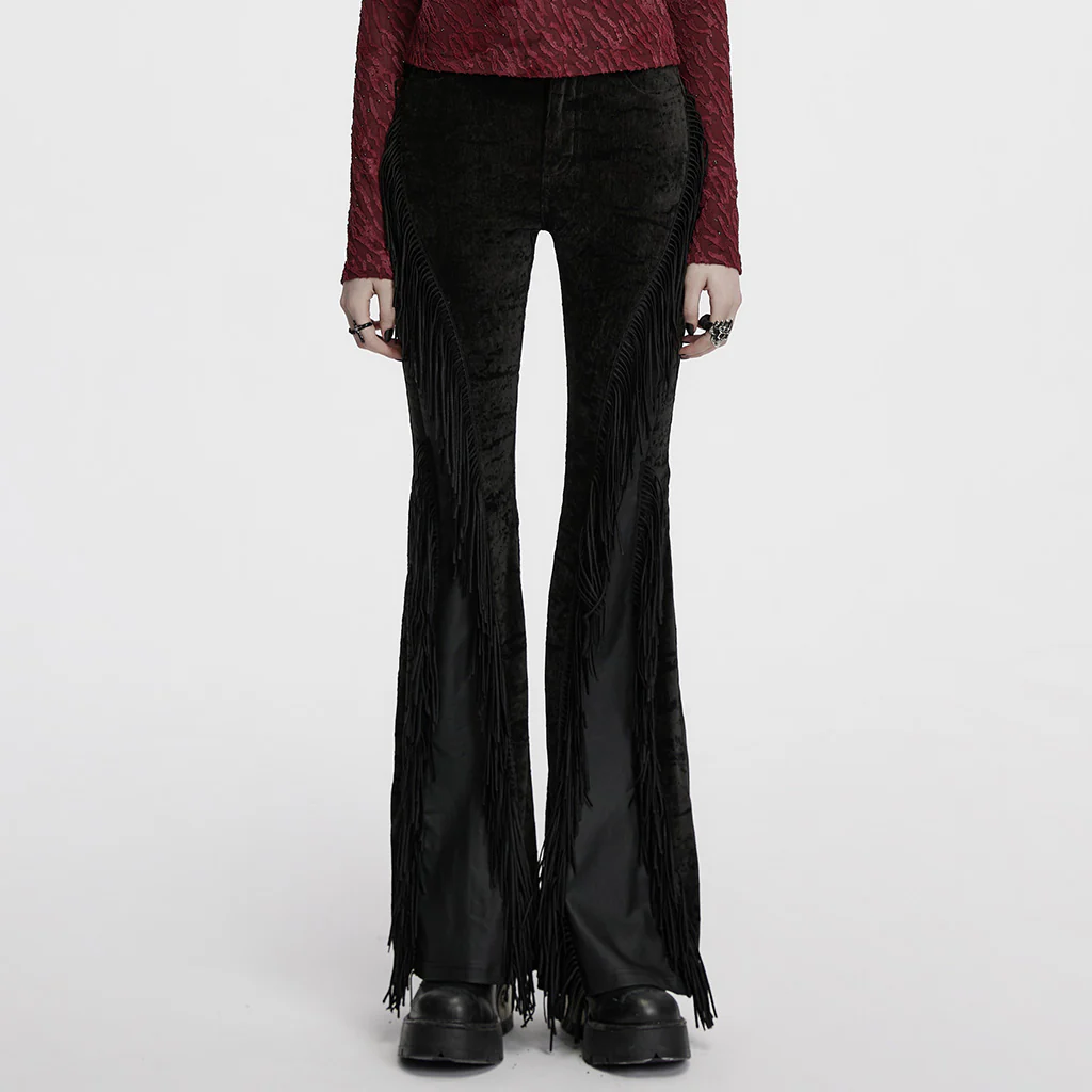 OK-698XCF Fringed Velvet Flare Punk Pants Gothic Fashion Statement