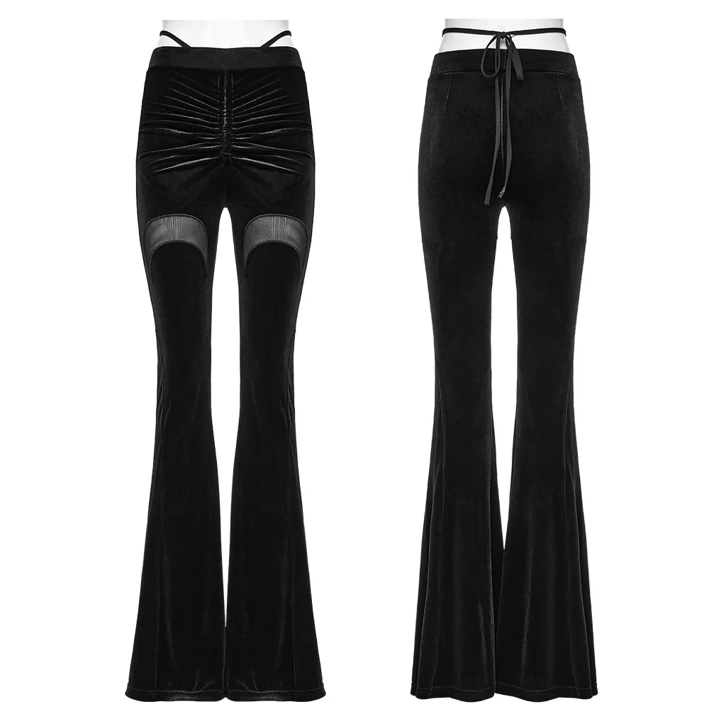 OK-700DQF Velvet Flare Punk Pants with Mesh Knee Cutouts - Image 6
