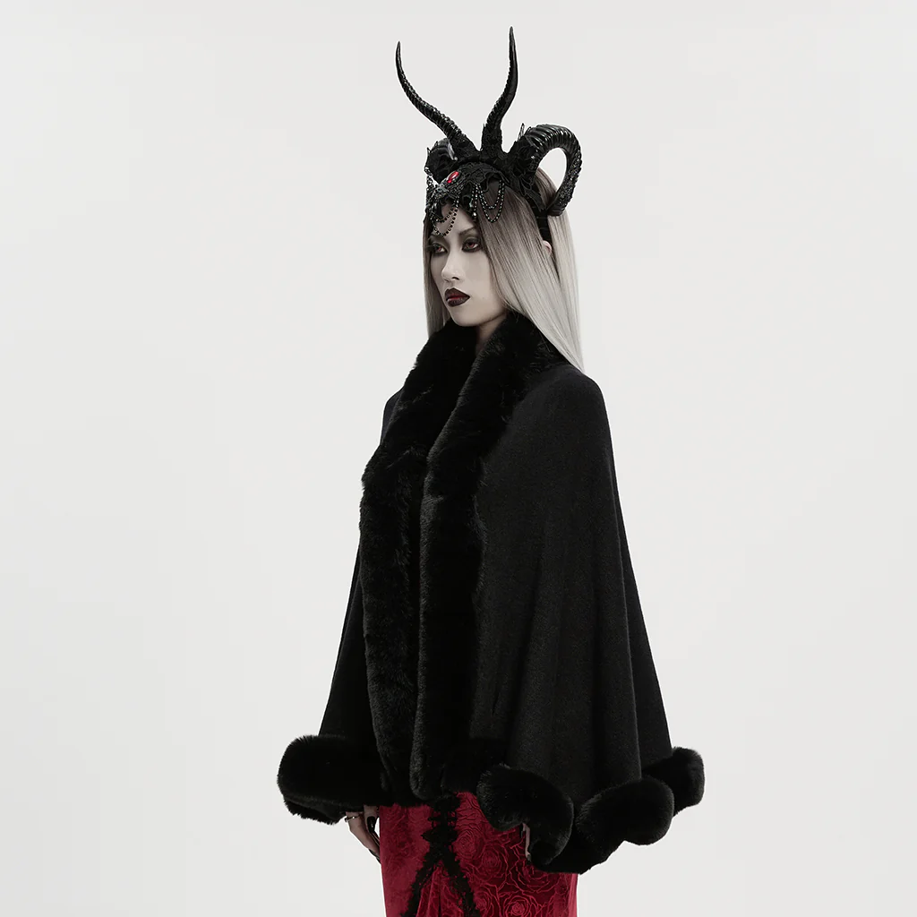 OM-091HMF Luxurious Faux Fur Trimmed Gothic Coat with Embroidered Detail Gothic Coat Vintage Fur Trimmed Embroidered Cape Cloak - Image 3