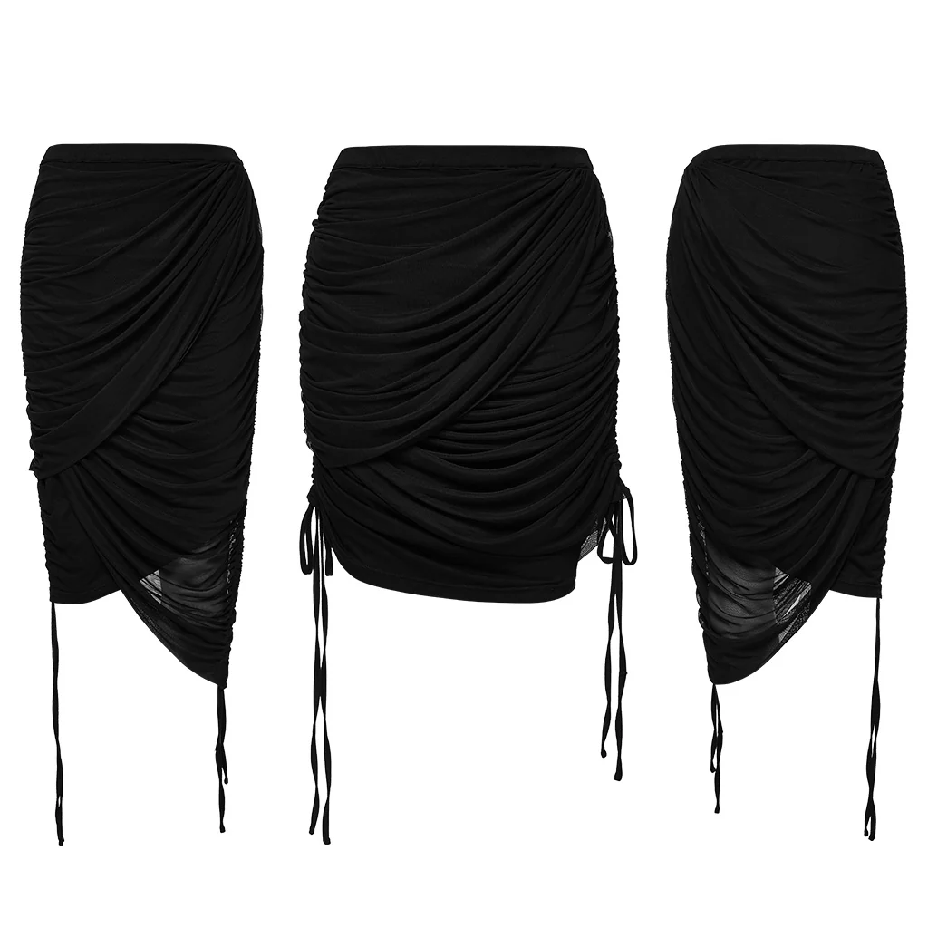 OPQ-1402BQF Versatile Ruched Black Punk Skirt with Adjustable Drawstrings