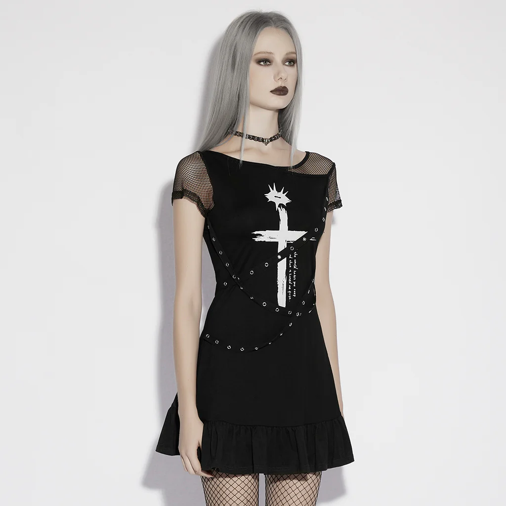 OPQ-1574LQF Edgy Mesh Sleeve Ruffle Hem Punk Dress Cross Design - Image 3