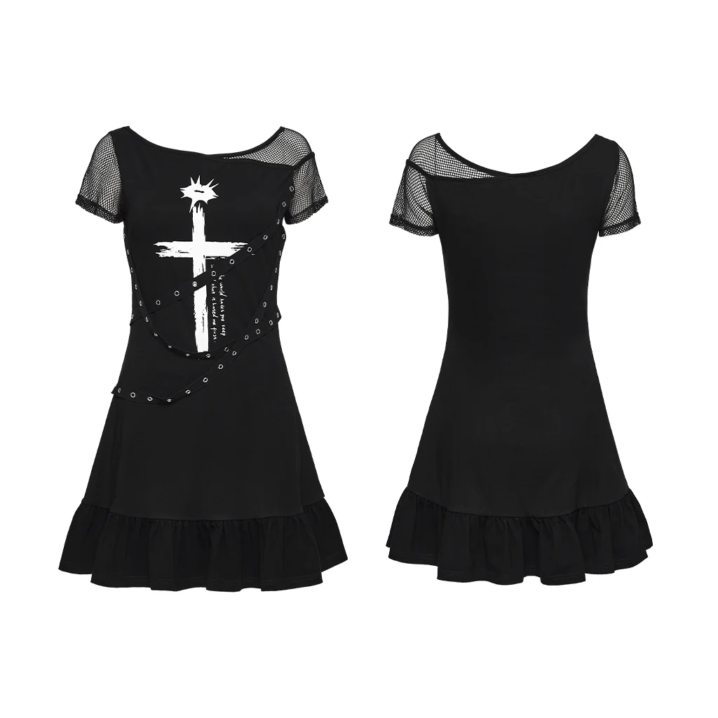 OPQ-1574LQF Edgy Mesh Sleeve Ruffle Hem Punk Dress Cross Design - Image 6