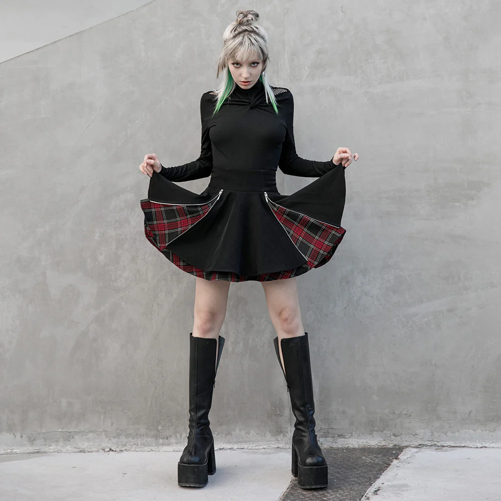 OPQ-948BQF Gothic Black Punk Skirt Plaid Trim Zipper Accent Design - Image 6