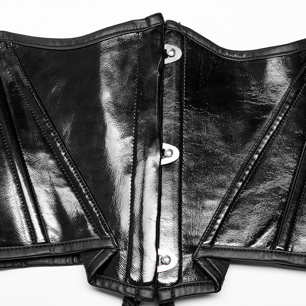 OPS-170DQF Black Leather Lace-Up Punk Corset Waist Cincher Bustier Top Sleek Black Punk Corset Shiny PVC Lace Up Design - Image 8