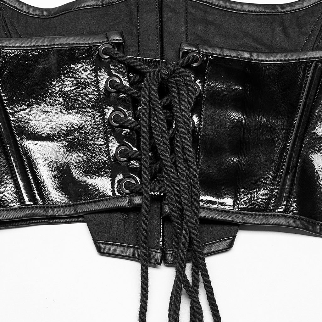 OPS-170DQF Black Leather Lace-Up Punk Corset Waist Cincher Bustier Top Sleek Black Punk Corset Shiny PVC Lace Up Design - Image 9